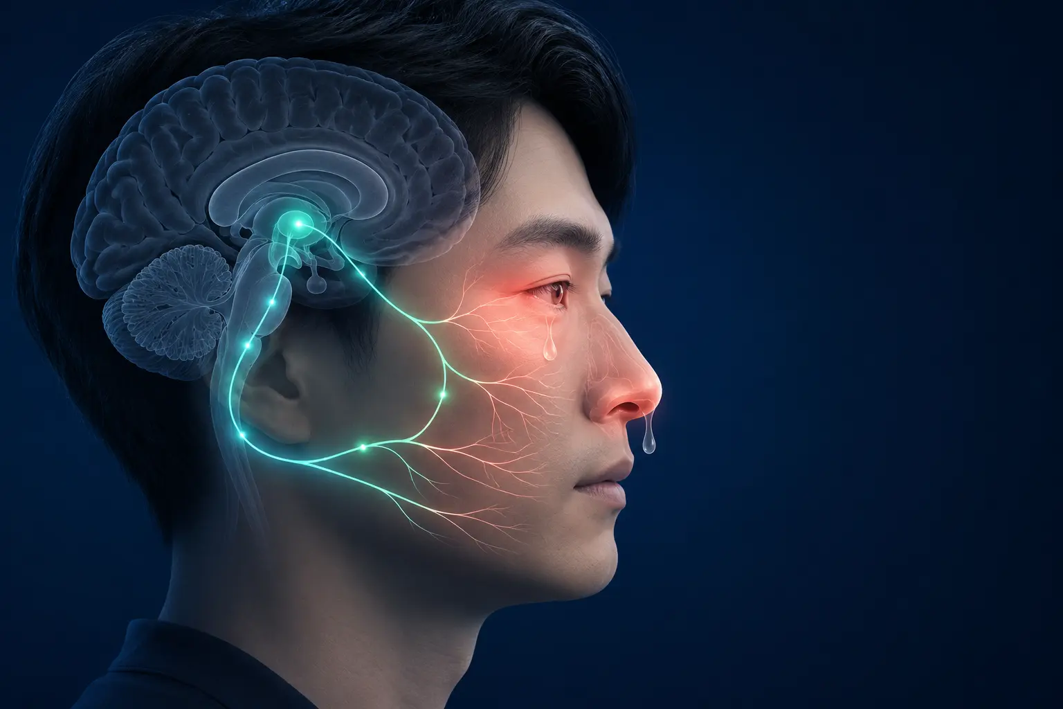 시상하부와 삼차자율신경 경로 및 한쪽 눈 주위 자율신경 반응을 표현한 군발두통 의료 일러스트