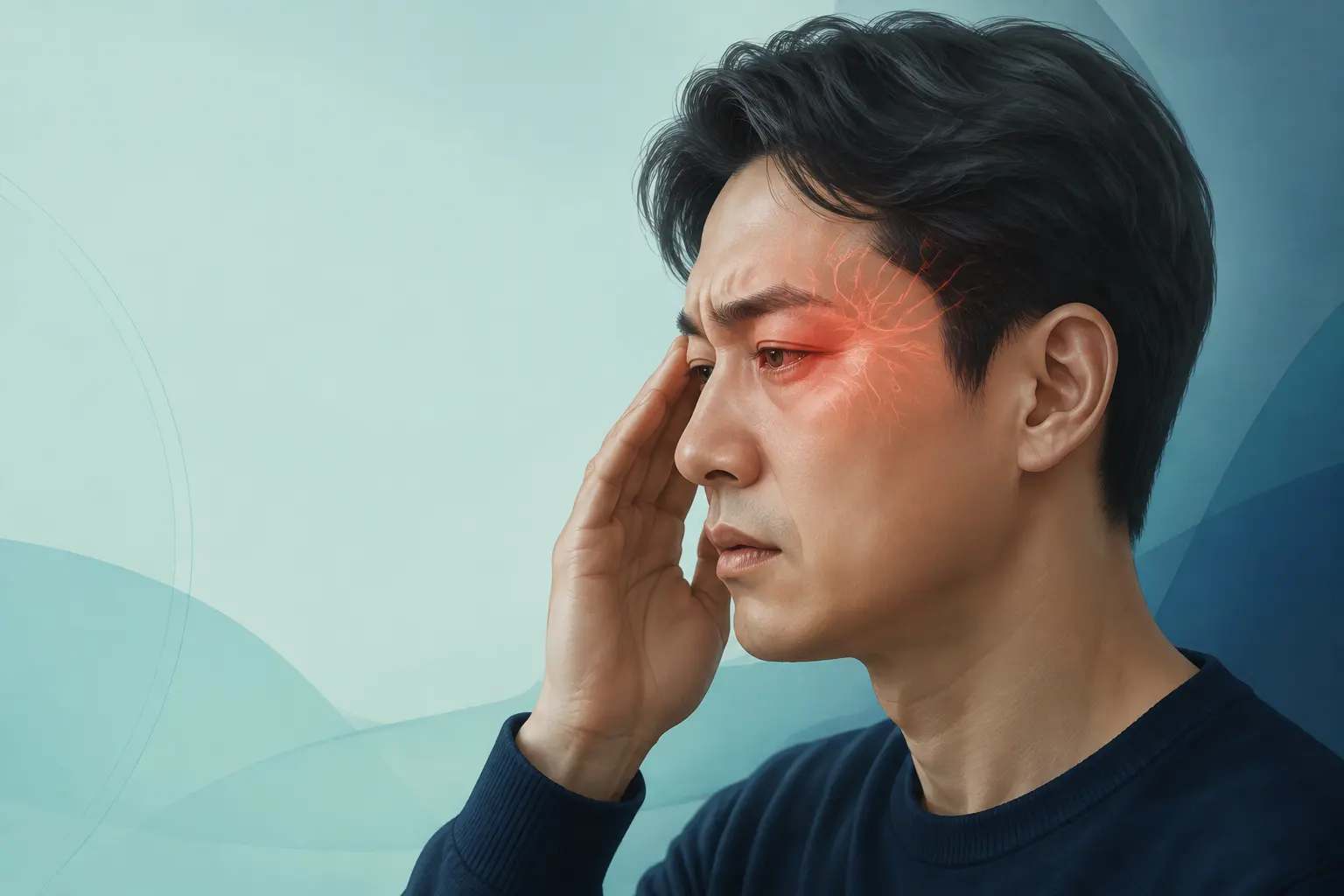 한쪽 눈 주위 통증과 눈물·충혈을 표현한 군발두통 의료 일러스트
