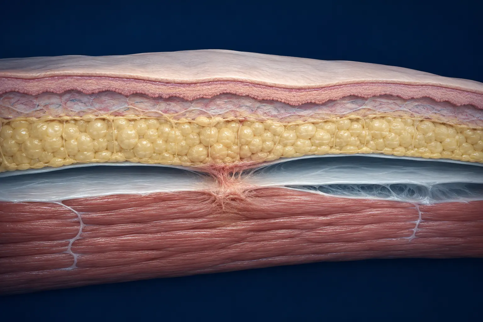 피부·피하지방·근막·근육 단면과 국소 섬유화 유착을 표현한 FBT 치료 의료 일러스트
