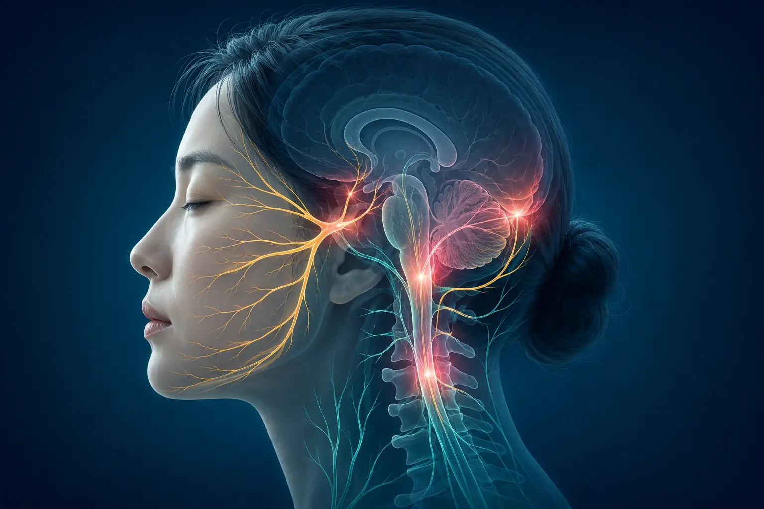삼차신경·뇌간·상부 경추와 후두신경 입력의 연결을 표현한 편두통 기전 의료 일러스트