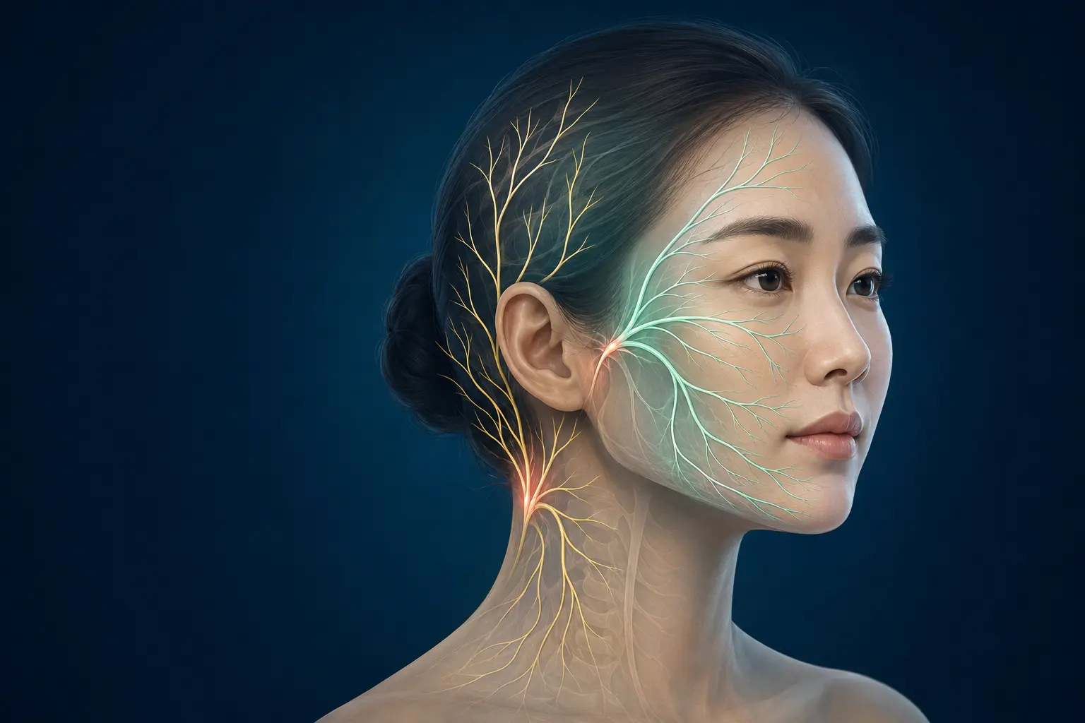 후두신경과 삼차신경의 통증 분포를 표현한 신경차단술 의료 일러스트