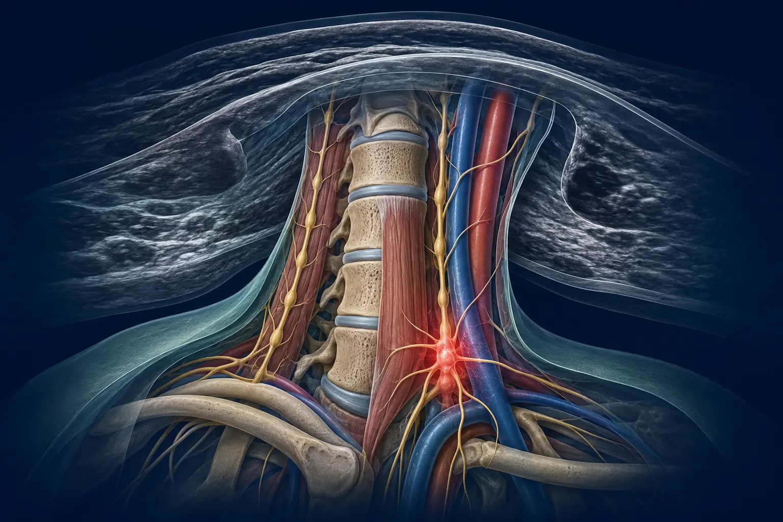 SGB(Stellate Ganglion Block)의 하부 경추 교감신경줄기와 성상신경절 및 주변 혈관 구조를 표현한 의료 일러스트