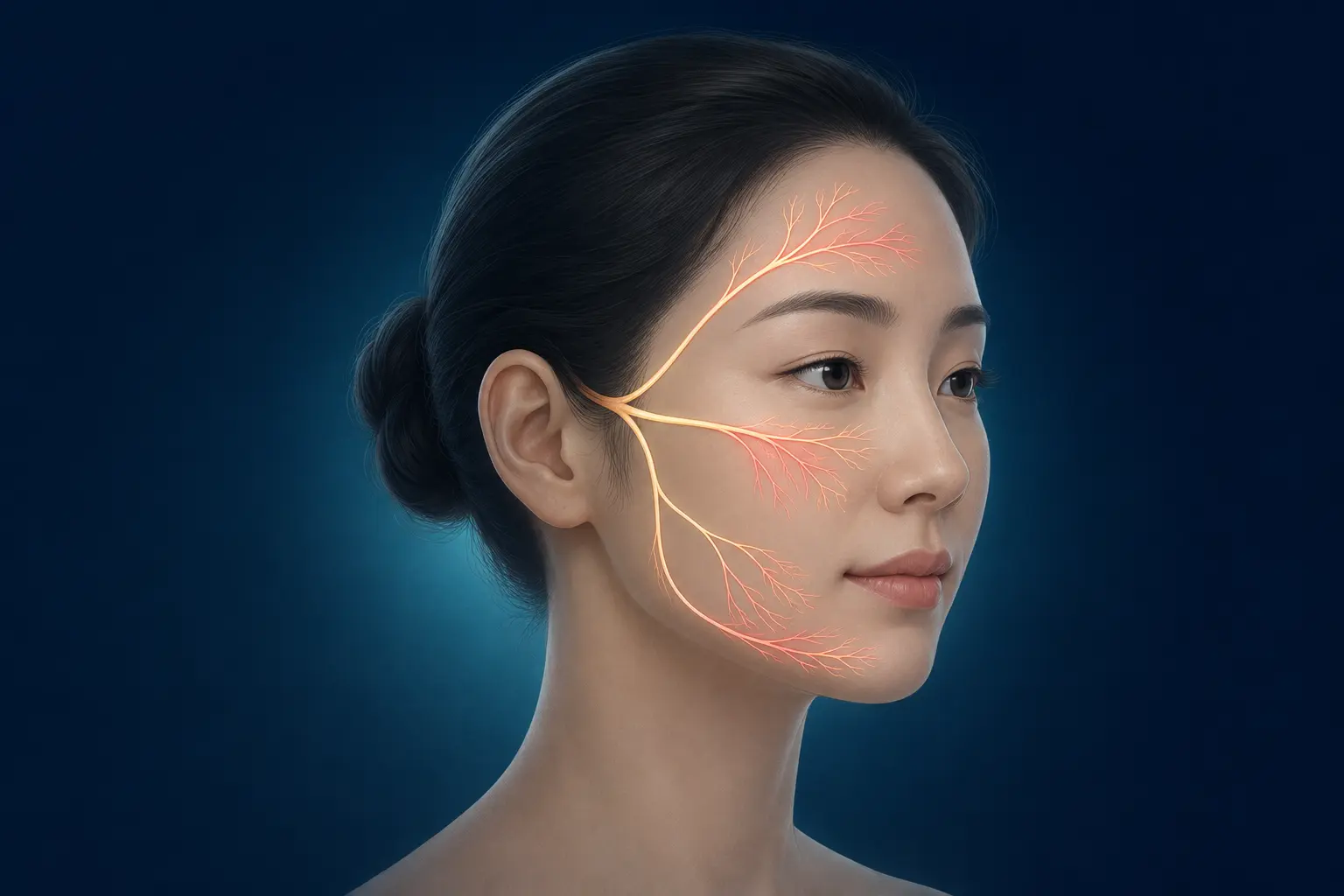 이마·뺨·턱으로 이어지는 삼차신경 분포를 표현한 안면통증 의료 일러스트